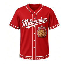 Load image into Gallery viewer, Cookie Jar Milwaukee Baseball Jersey in Oven Mitt Red, front view – glass cookie jar filled with chocolate chip cookies graphic, custom name and number