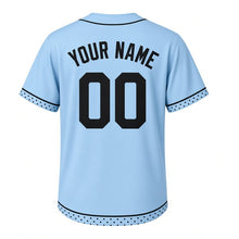Load image into Gallery viewer, Cookie Jar Milwaukee Baseball Jersey in Milk Glass Blue, back view with your name and number – custom block name and number with dot-pattern sleeves