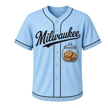 Load image into Gallery viewer, Cookie Jar Milwaukee Baseball Jersey in Milk Glass Blue, front view – glass cookie jar filled with chocolate chip cookies graphic, custom name and number