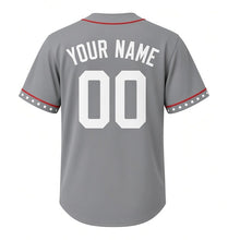 Load image into Gallery viewer, Cookie Jar Milwaukee Baseball Jersey in Baking Sheet Gray, back view with your name and number – custom block name and number with dot-pattern sleeves