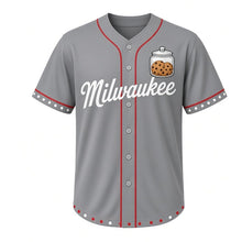 Load image into Gallery viewer, Cookie Jar Milwaukee Baseball Jersey in Baking Sheet Gray, front view – glass cookie jar filled with chocolate chip cookies graphic, custom name and number