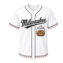 Load image into Gallery viewer, Cookie Jar Milwaukee Baseball Jersey in Sugar Cookie White, front view – glass cookie jar filled with chocolate chip cookies graphic, custom name and number
