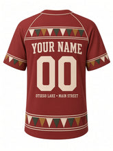 Load image into Gallery viewer, Cooperstown Heritage Baseball Jersey in Barn Red, back view with ballpark bunting hem and your name and number