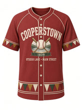 Load image into Gallery viewer, Cooperstown Heritage Baseball Jersey in Barn Red, front view – barn red body with cream piping, Otsego Lake emblem with crossed bats and ballpark bunting trim, 1839 – custom name and number