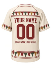 Load image into Gallery viewer, Cooperstown Heritage Baseball Jersey in Cream, back view with ballpark bunting hem and your name and number