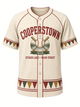 Load image into Gallery viewer, Cooperstown Heritage Baseball Jersey in Cream, front view – cream body with barn red piping, Otsego Lake emblem with crossed bats and ballpark bunting trim, 1839 – custom name and number