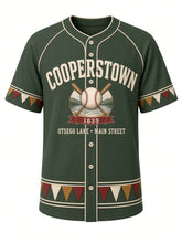 Load image into Gallery viewer, Cooperstown Heritage Baseball Jersey in Forest Green, front view – forest green body with cream piping, Otsego Lake emblem with crossed bats and ballpark bunting trim, 1839 – custom name and number