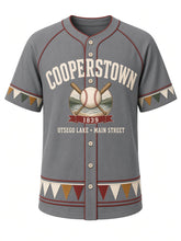 Load image into Gallery viewer, Cooperstown Heritage Baseball Jersey in Slate Gray, front view – slate gray body with cream and barn red piping, Otsego Lake emblem with crossed bats and ballpark bunting trim, 1839 – custom name and number