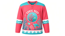 Load image into Gallery viewer, Coral Reef Wonders Original Hockey Jersey in Sunset Coral, front view – colorful coral reef with tropical fish and a sea turtle with coral crest, custom name and number