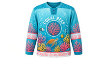 Load image into Gallery viewer, Coral Reef Wonders Original Hockey Jersey in Lagoon Aqua, front view – colorful coral reef with tropical fish and a sea turtle with coral crest, custom name and number