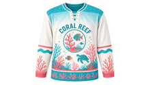 Load image into Gallery viewer, Coral Reef Wonders Original Hockey Jersey in Sand White, front view – colorful coral reef with tropical fish and a sea turtle with coral crest, custom name and number