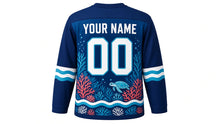 Load image into Gallery viewer, Coral Reef Wonders Original Hockey Jersey in Deep Reef Sapphire, back view with your name and number – bubble-dot yoke and wave sleeve stripes
