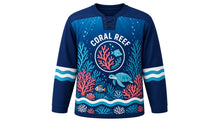 Load image into Gallery viewer, Coral Reef Wonders Original Hockey Jersey in Deep Reef Sapphire, front view – colorful coral reef with tropical fish and a sea turtle with coral crest, custom name and number