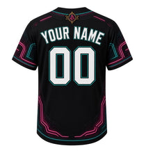 Load image into Gallery viewer, Corner Tavern Neon Milwaukee Baseball Jersey in Midnight Black, back view with your name and number – neon-tube patterned sleeves and yoke