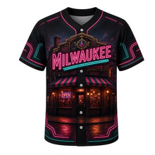 Load image into Gallery viewer, Corner Tavern Neon Milwaukee Baseball Jersey in Midnight Black, front view – brick corner tavern with glowing neon OPEN signs, custom name and number