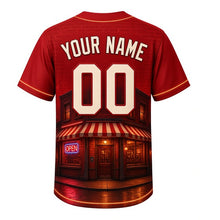 Load image into Gallery viewer, Corner Tavern Neon Milwaukee Baseball Jersey in Tavern Brick Red, back view with your name and number – neon-tube patterned sleeves and yoke