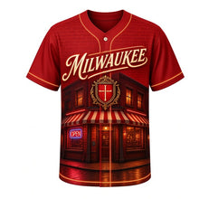 Load image into Gallery viewer, Corner Tavern Neon Milwaukee Baseball Jersey in Tavern Brick Red, front view – brick corner tavern with glowing neon OPEN signs, custom name and number