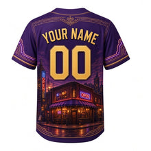 Load image into Gallery viewer, Corner Tavern Neon Milwaukee Baseball Jersey in After Hours Purple, back view with your name and number – neon-tube patterned sleeves and yoke
