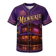 Load image into Gallery viewer, Corner Tavern Neon Milwaukee Baseball Jersey in After Hours Purple, front view – brick corner tavern with glowing neon OPEN signs, custom name and number
