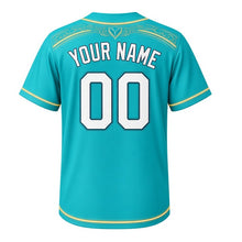 Load image into Gallery viewer, Corner Tavern Neon Milwaukee Baseball Jersey in Neon Teal, back view with your name and number – neon-tube patterned sleeves and yoke