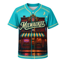 Load image into Gallery viewer, Corner Tavern Neon Milwaukee Baseball Jersey in Neon Teal, front view – brick corner tavern with glowing neon OPEN signs, custom name and number