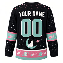 Load image into Gallery viewer, Cosmic Cat Galaxy Original Hockey Jersey in Galaxy Black, back view with your name and number – star-dot yoke and comet-tail sleeve bands