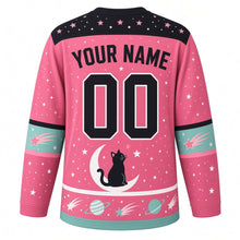 Load image into Gallery viewer, Cosmic Cat Galaxy Original Hockey Jersey in Nebula Pink, back view with your name and number – star-dot yoke and comet-tail sleeve bands