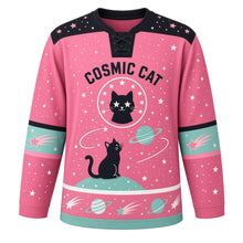 Load image into Gallery viewer, Cosmic Cat Galaxy Original Hockey Jersey in Nebula Pink, front view – cat silhouette on a crescent planet gazing at stars with cat-head crest, custom name and number