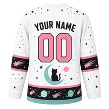 Load image into Gallery viewer, Cosmic Cat Galaxy Original Hockey Jersey in Stardust White, back view with your name and number – star-dot yoke and comet-tail sleeve bands