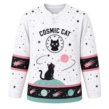 Load image into Gallery viewer, Cosmic Cat Galaxy Original Hockey Jersey in Stardust White, front view – cat silhouette on a crescent planet gazing at stars with cat-head crest, custom name and number