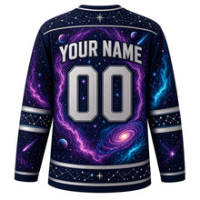 Load image into Gallery viewer, Cosmic Nebula Original Hockey Jersey in Deep Space, back view with your name and number – constellation-map yoke and orbit-ring sleeve stripes