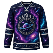 Load image into Gallery viewer, Cosmic Nebula Original Hockey Jersey in Deep Space, front view – swirling galaxy nebula with planets and comets and celestial compass crest, custom name and number