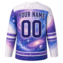 Load image into Gallery viewer, Cosmic Nebula Original Hockey Jersey in Stardust White, back view with your name and number – constellation-map yoke and orbit-ring sleeve stripes