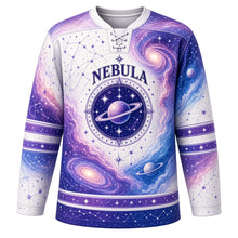 Load image into Gallery viewer, Cosmic Nebula Original Hockey Jersey in Stardust White, front view – swirling galaxy nebula with planets and comets and celestial compass crest, custom name and number