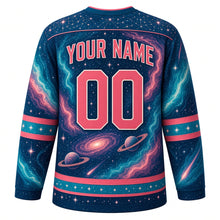 Load image into Gallery viewer, Cosmic Nebula Original Hockey Jersey in Cosmic Teal, back view with your name and number – constellation-map yoke and orbit-ring sleeve stripes