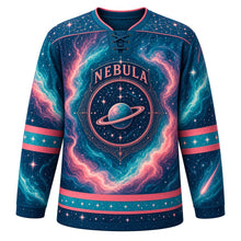Load image into Gallery viewer, Cosmic Nebula Original Hockey Jersey in Cosmic Teal, front view – swirling galaxy nebula with planets and comets and celestial compass crest, custom name and number