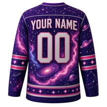 Load image into Gallery viewer, Cosmic Nebula Original Hockey Jersey in Nebula Violet, back view with your name and number – constellation-map yoke and orbit-ring sleeve stripes