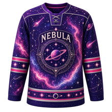 Load image into Gallery viewer, Cosmic Nebula Original Hockey Jersey in Nebula Violet, front view – swirling galaxy nebula with planets and comets and celestial compass crest, custom name and number
