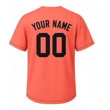 Load image into Gallery viewer, Crosstown Bus Milwaukee Baseball Jersey in Rush Hour Coral, back view with your name and number – custom block name and number with road-dash sleeves