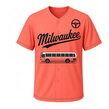Load image into Gallery viewer, Crosstown Bus Milwaukee Baseball Jersey in Rush Hour Coral, front view – rounded vintage city bus on a road line graphic with steering-wheel crest, custom name and number
