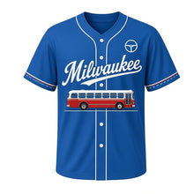 Load image into Gallery viewer, Crosstown Bus Milwaukee Baseball Jersey in Transit Lake Blue, front view – rounded vintage city bus on a road line graphic with steering-wheel crest, custom name and number