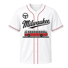 Load image into Gallery viewer, Crosstown Bus Milwaukee Baseball Jersey in Route White, front view – rounded vintage city bus on a road line graphic with steering-wheel crest, custom name and number
