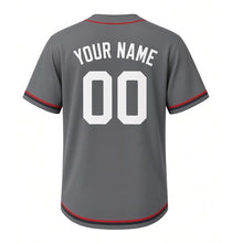 Load image into Gallery viewer, Curling Club Milwaukee Baseball Jersey in Granite Gray, back view with your name and number – custom block name and number with ring-stripe sleeves