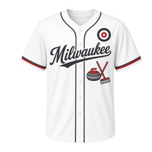 Load image into Gallery viewer, Curling Club Milwaukee Baseball Jersey in Pebbled Ice White, front view – curling stone and crossed brooms graphic with target-ring crest, custom name and number