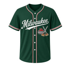 Load image into Gallery viewer, Curling Club Milwaukee Baseball Jersey in Winter Pine Green, front view – curling stone and crossed brooms graphic with target-ring crest, custom name and number