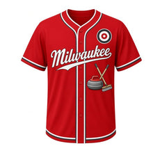 Load image into Gallery viewer, Curling Club Milwaukee Baseball Jersey in Hack Red, front view – curling stone and crossed brooms graphic with target-ring crest, custom name and number
