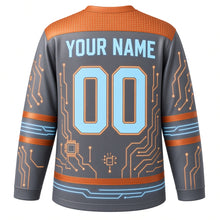 Load image into Gallery viewer, Cyber Circuit Original Hockey Jersey in Copper Trace, back view with your name and number – circuit-dot yoke and circuit-trace hem stripes