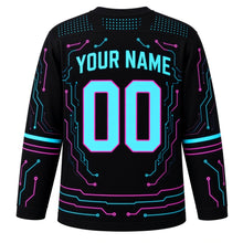 Load image into Gallery viewer, Cyber Circuit Original Hockey Jersey in Midnight Circuit, back view with your name and number – circuit-dot yoke and circuit-trace hem stripes