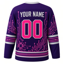 Load image into Gallery viewer, Cyber Circuit Original Hockey Jersey in Neon Violet, back view with your name and number – circuit-dot yoke and circuit-trace hem stripes