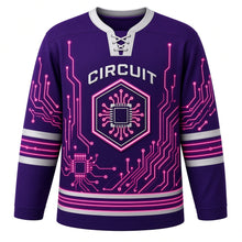 Load image into Gallery viewer, Cyber Circuit Original Hockey Jersey in Neon Violet, front view – glowing circuit-board traces with microchip hexagon crest, custom name and number